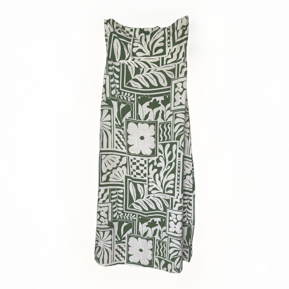 Paper Heart Dress Green White Linen Blend Midi Strapless Tile Print Women's M